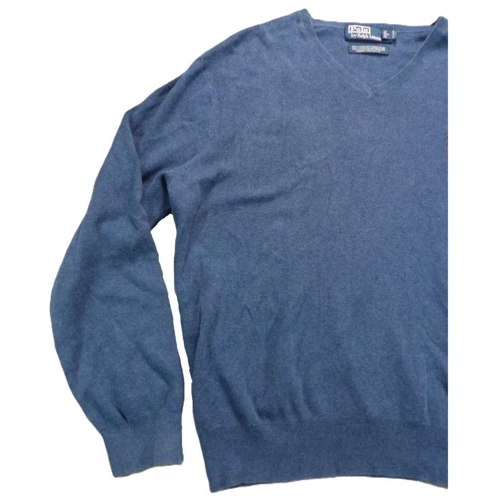 Polo by Ralph Lauren V Neck Sweater Men L Blue Pima Cotton Pony Classic Pullover